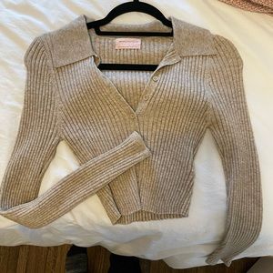 Oatmeal/Tan Ribbed Button Up Top - Urban Outfitters